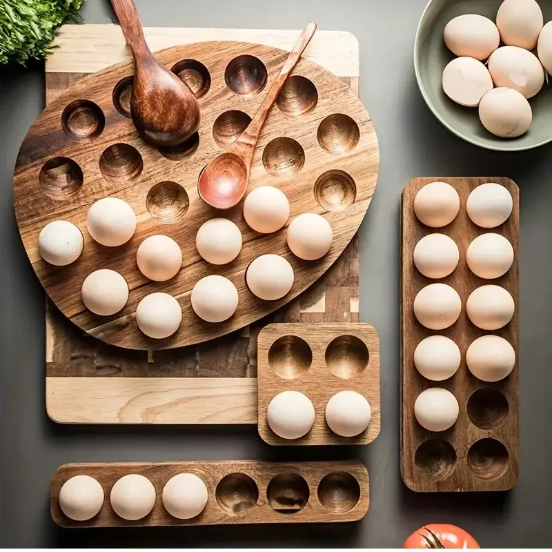 Wooden Egg Tray with Acacia Wood, Japanese Style Egg Storage Container for Fridge and Kitchen Eggs Slot Holder 5