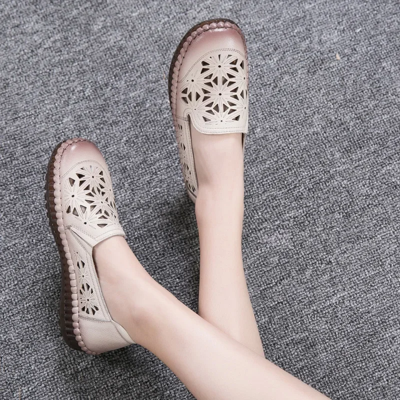 TIMETANG Fit Wide Foot Handmade Genuine Leather Flat Shoes Women Summer Shoes Lady Loafers Breathable Soft Hollow Female Shoes 6