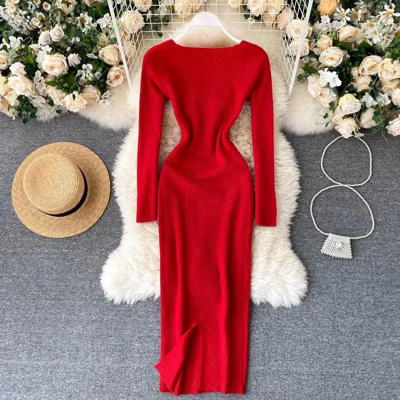Hip 2025 Autumn Winter Square Knitting Dress Bodycon Slim