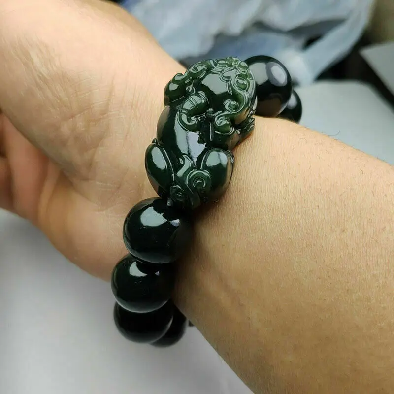 

Genuine Natural Dark Green Hetian Jade Bead Pixiu Bangle Bracelet Certified
