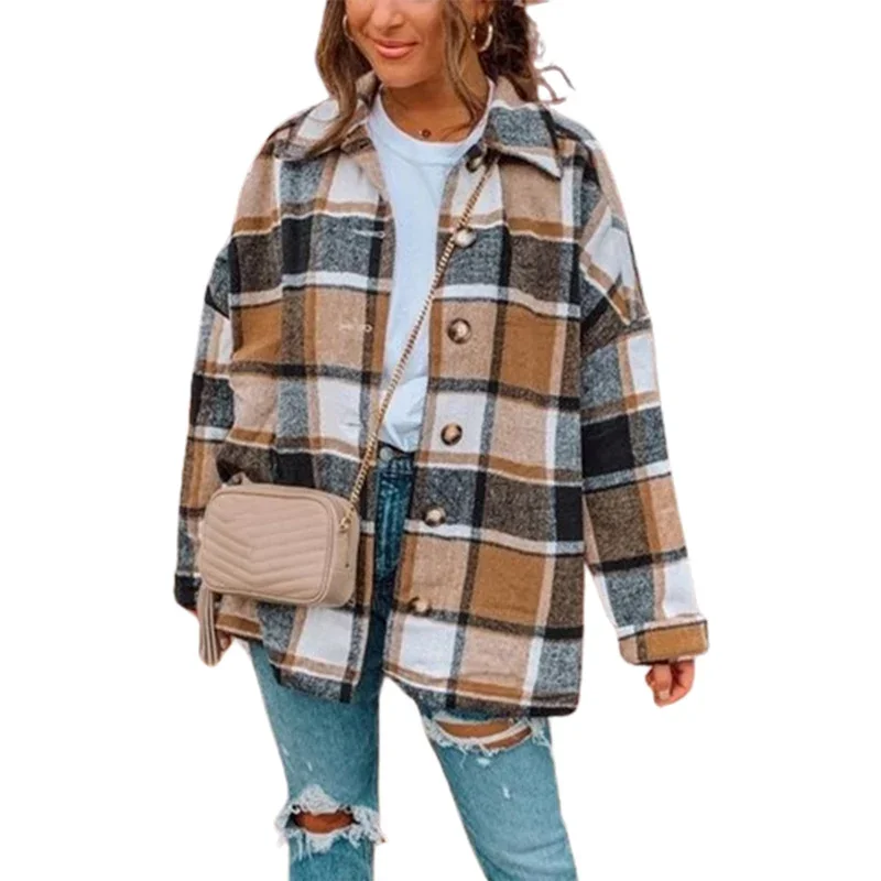 

Autumn Winter Thickened Warm Women Plaid Shirt Lapel Single-breasted Cardigan Loose Blouse Female Urban Commuter Tweed Outerwear