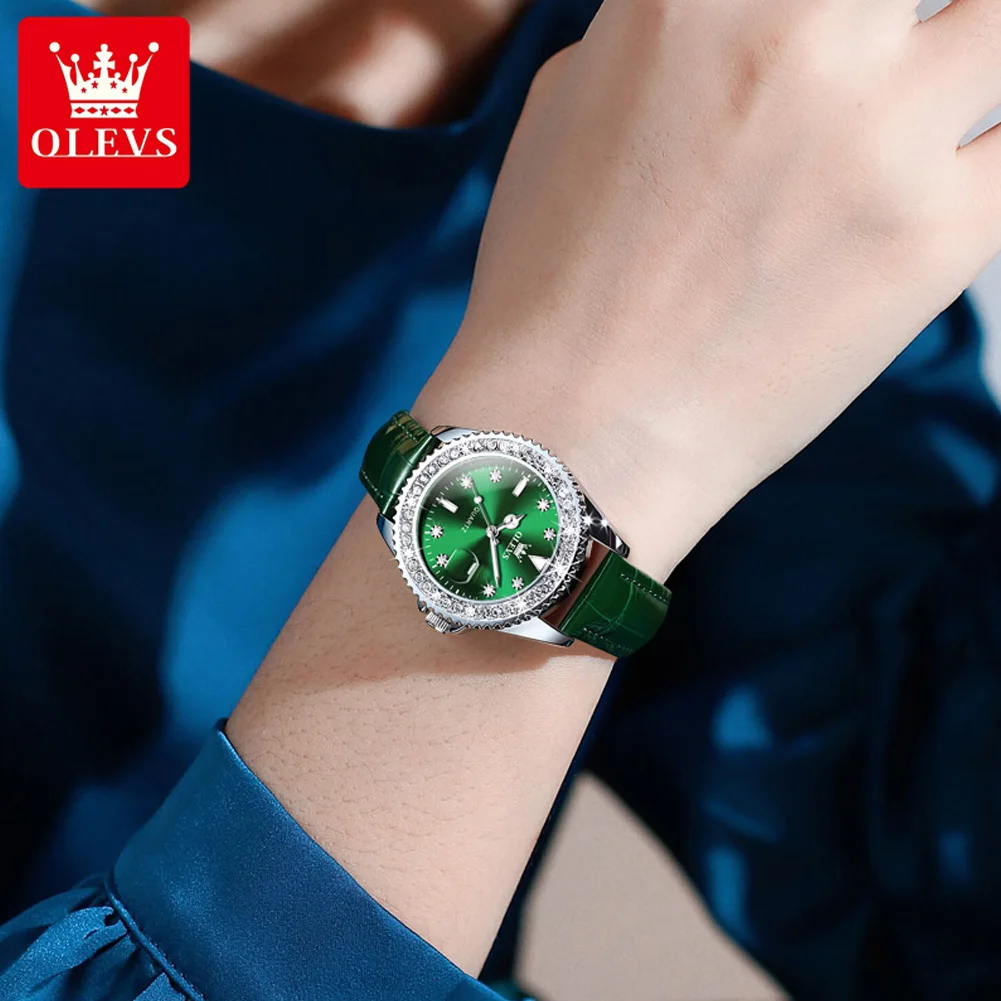 OLEVS Brand New Fashion Green Quartz Watch for Women Leather Waterproof Calendar Luxury Diamond Watches Womens Relogio Feminino