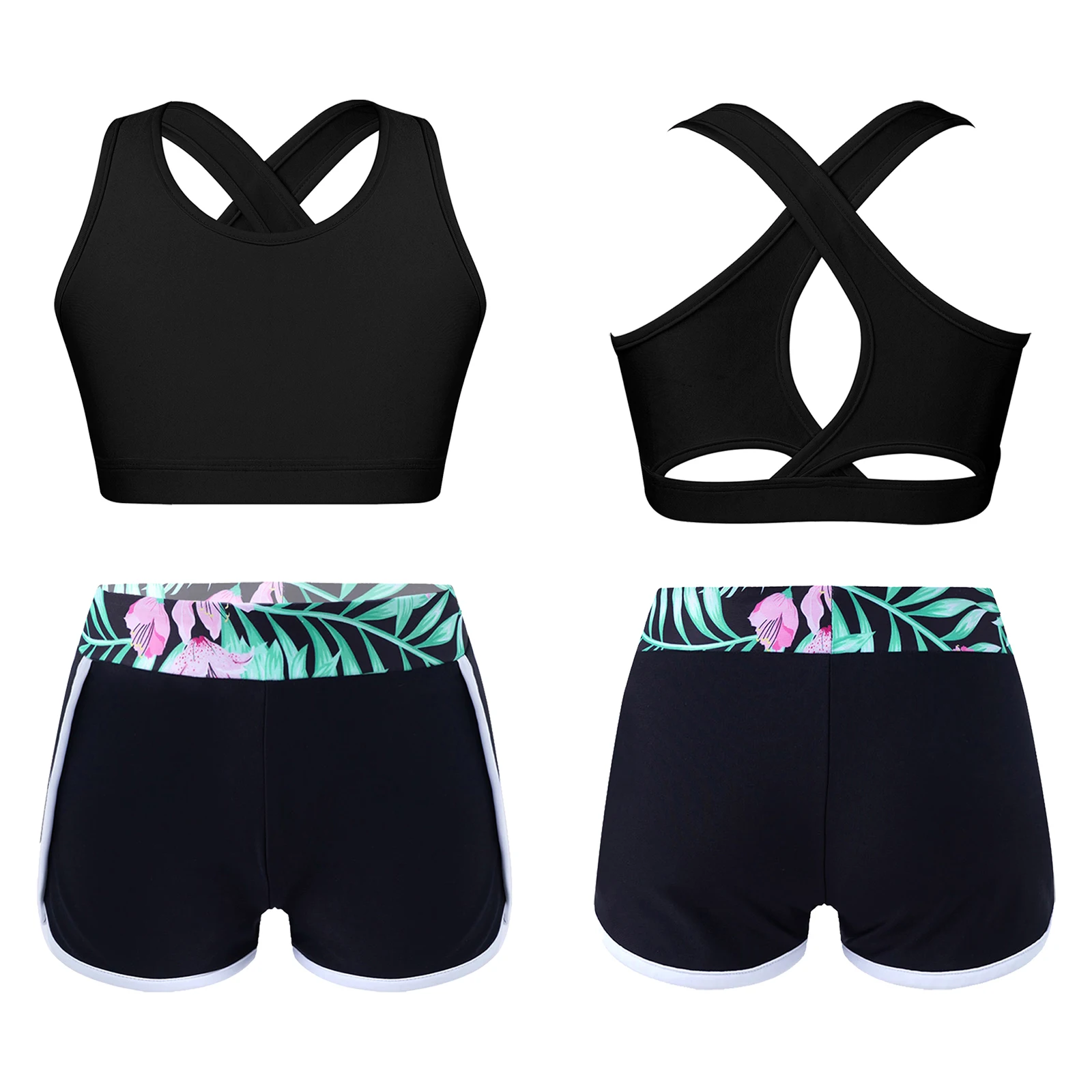 Kids Girls U Neck Shoulder Straps Cross Tank Top with Sport Shorts for Swimming Dance Yoga Set Running Gym Workout kids sports suit