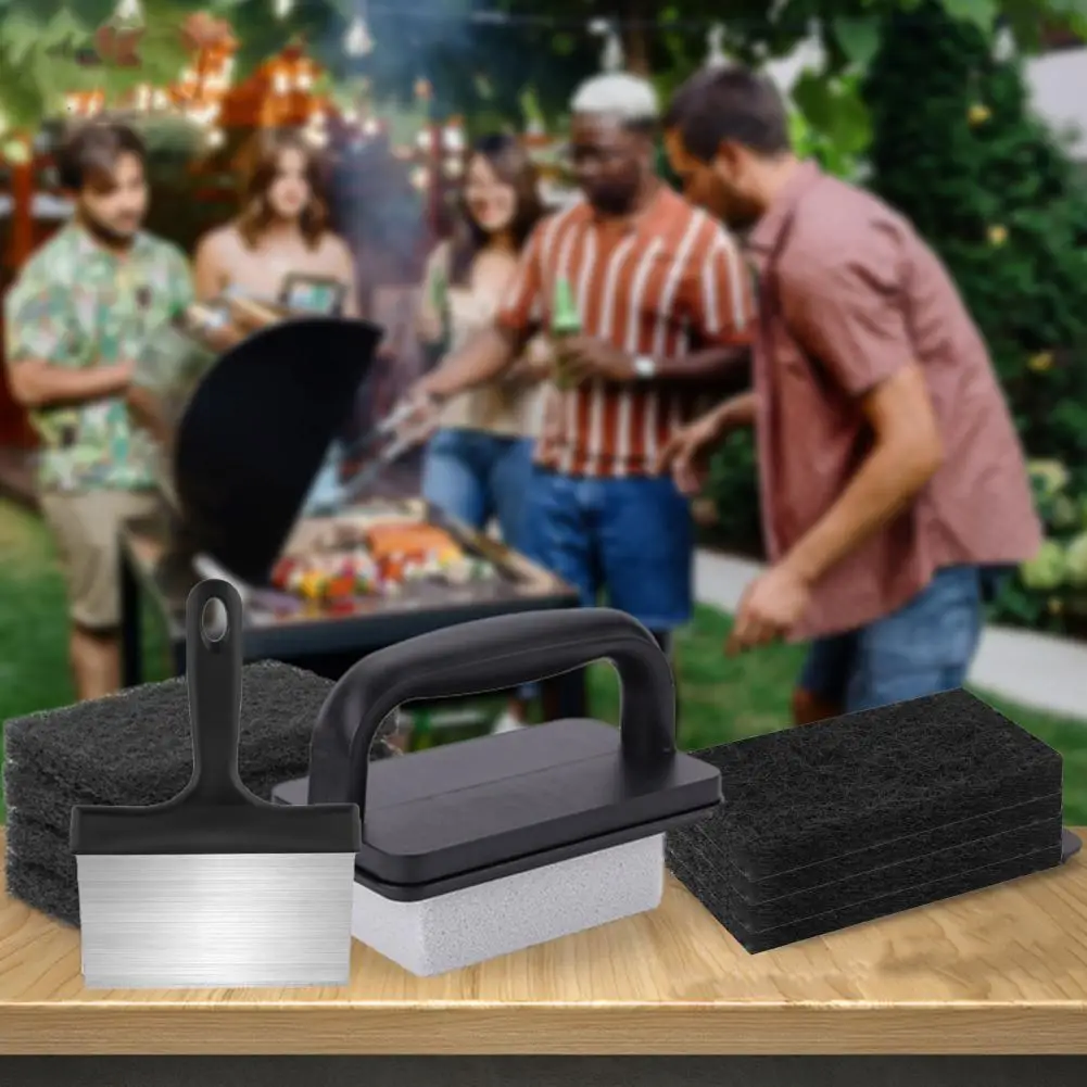 Griddle Scouring Pad Multifunctional Bbq Griddle Tool Kit with Handle Scraper Scouring Pad Pumice Stone Brush for Barbecue Flat