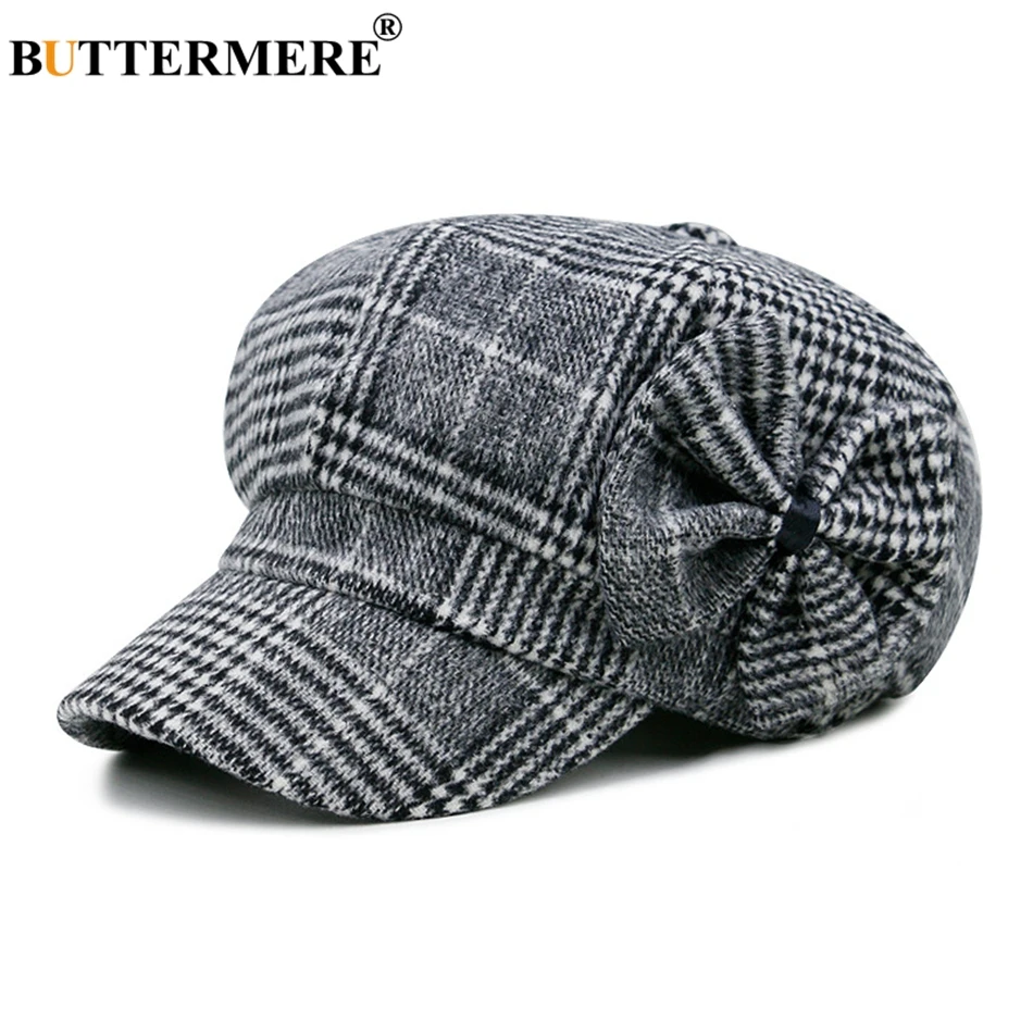 Cotton newsboy cap berets hat Buttermere Baker Boy Hat Woman Newsboy Caps Bow Tweed England Style Beret Female Hat Herringbone Spring Painter Hats And Caps
