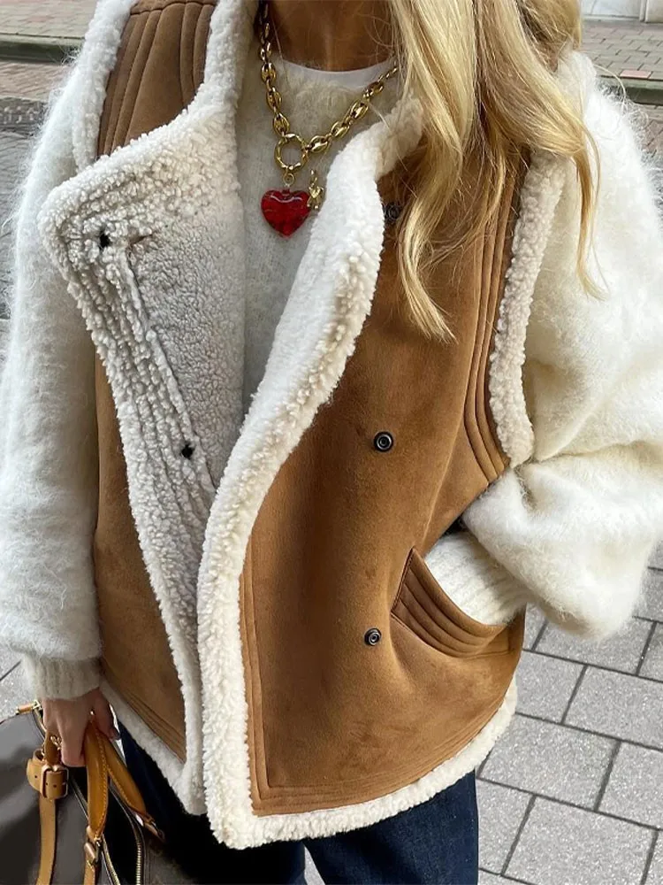 

Women Patchwork Fur Lambswool Coat Sleeveless With Pocket Button Brown Cardigan Vest 2023 Autumn Thicken Loose Street Waistcoat