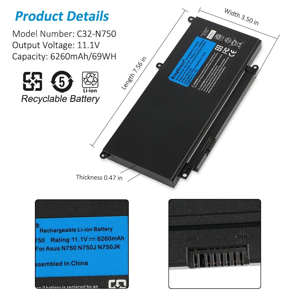 Bateria do Portátil para Asus N750 N750j N750jk N750jv N750y47jk-sl 11.1v 6260mah 69wh Kingsener-c32-n750 - Imagem 4