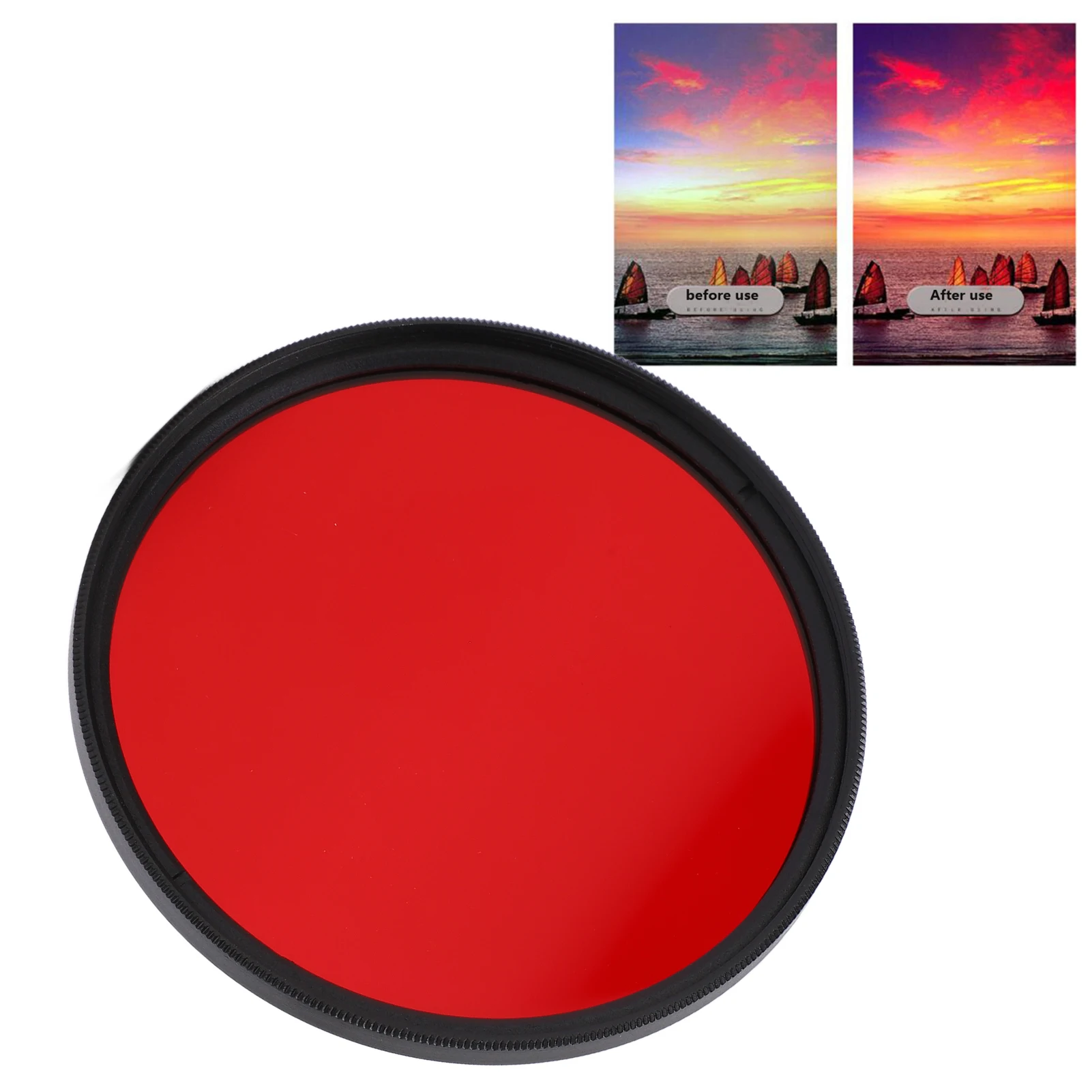 Filtre d'objectif fileté en verre optique - Couleurs vives pour Nikon Canon, posé sur une surface blanche.
