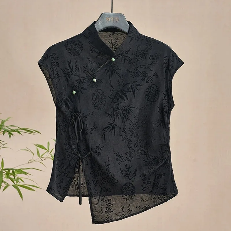 French new Chinese style cheongsam top satin jacquard shoulder short-sleeved T-shirt women new summer retro 1