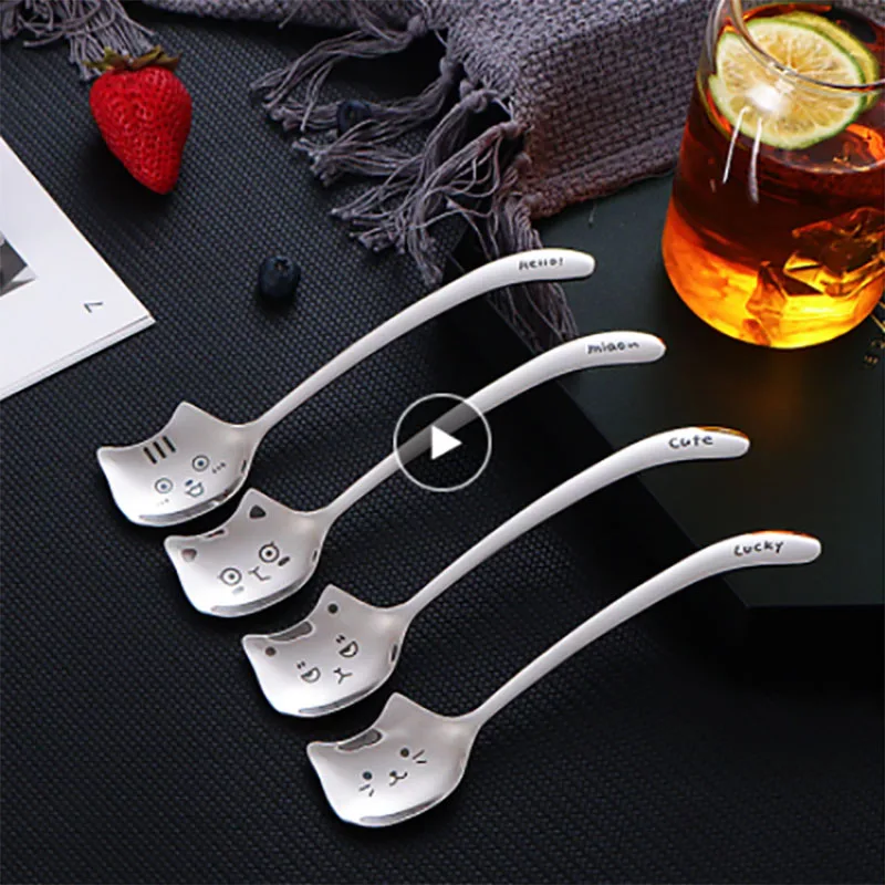 1pcs Cute Cat Coffee Spoon 304 Stainless Steel Cat Spoon Teaspoon Long
