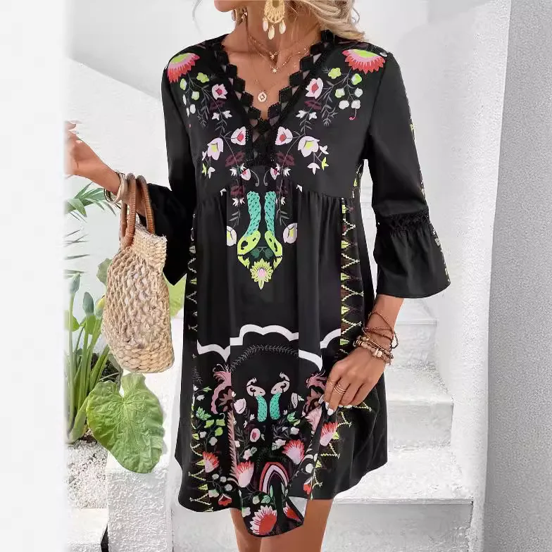 Summer Women Holiday Dress V Neck Long Sleeve Flower Print Beach Party  Dresses For Women Short Dress Boho vestidos Elegant Mujer - AliExpress  200000345