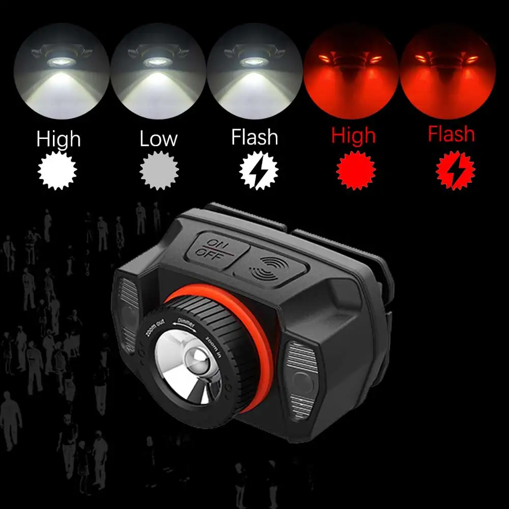 줌 헤드램프 USB C타입 토치 LED 헤드라이트 바디 모션 센서 헤드 손목 스트랩 밴드 램프 라이딩 레드 플래시 라이트 랜턴