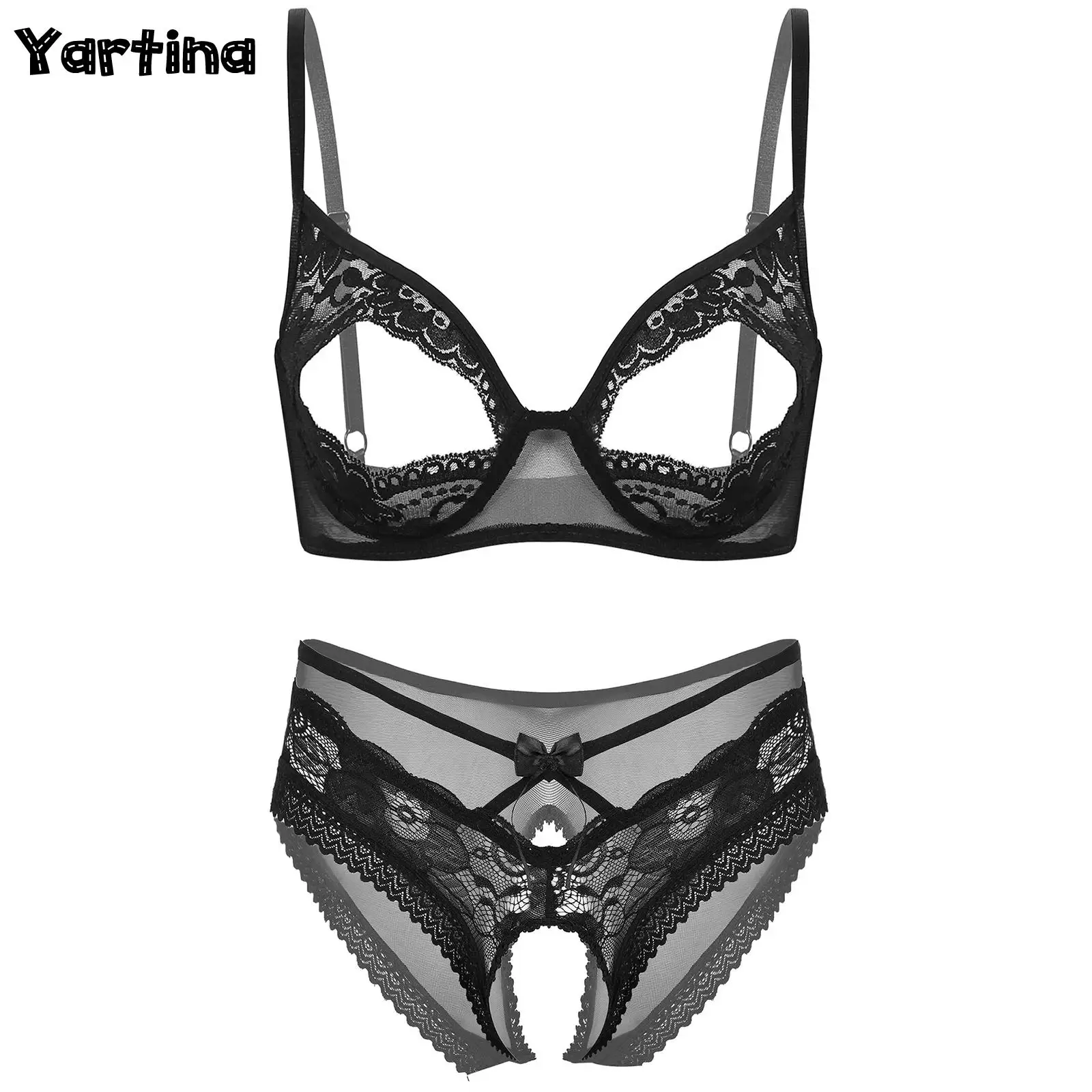 Womens Open Cup Bra Top with Crotchless See Through Briefs Underwear Set Tempting Nightwear Underwired Wire-free Bra Lingerie