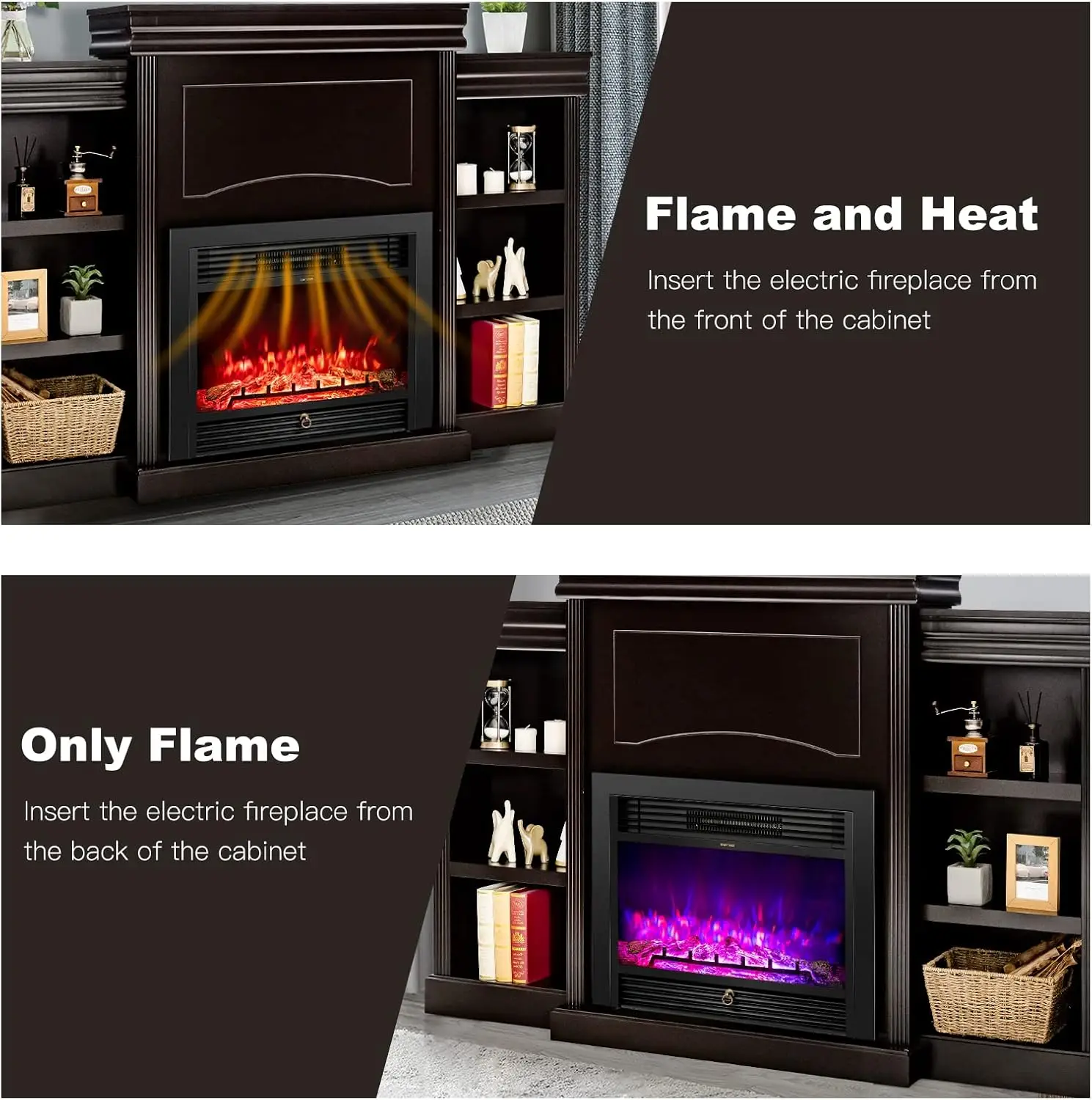 70" Mantel Fireplace TV Stand 750W/1500W Electric Fireplace Heater Insert Cabinet w/Remote Control 1-8H Timer 5-Brightness