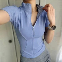 Women Summer Slim Yoga Tops Stand Collar Full Zipper Short Sleeves Shirts Solid Workout Clothes Gym Running Coats Lady Casual 1
