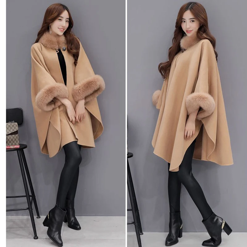 Women Cloak Shawl Jacket Plus Size Female Winter Outwear New Bigsweety High Quality Women Fox Fur Collar Long Wool Coat Elegant