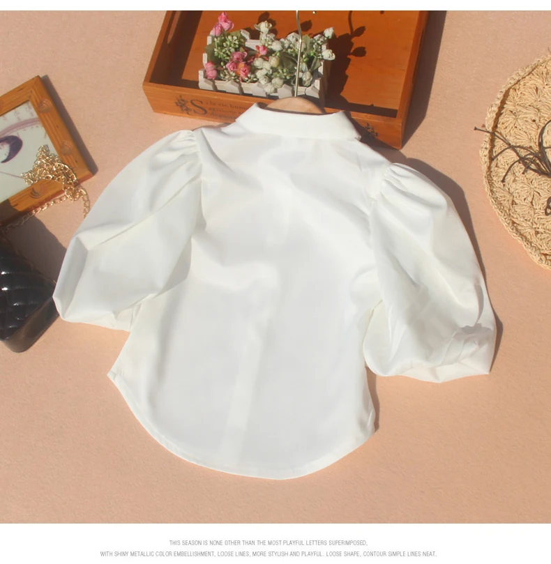 Korean Toddler Girl Puff Sleeve Top Chiffon Summer Children Nine Point Sleeves White Blouses Turn-down Collar Teen School Shirts