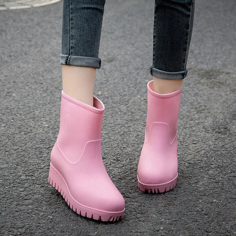 Women's Solid Color Ankle Rain Boots Autumn Winter Comfortable Non-Slip Work Water Shoes Waterproof Warm Rain Shoes