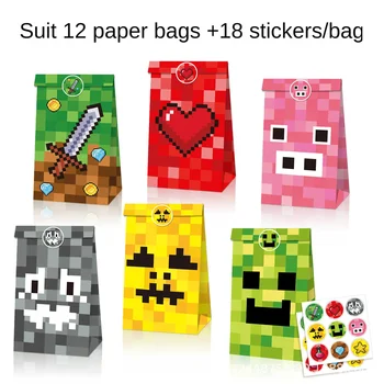 Sac en papier kraft mosaïque pixel jeu, sac à bonbons, sacs cadeaux, sacs en papier, ensemble d'autocollants, sacs à gâteaux, 12 pièces 1