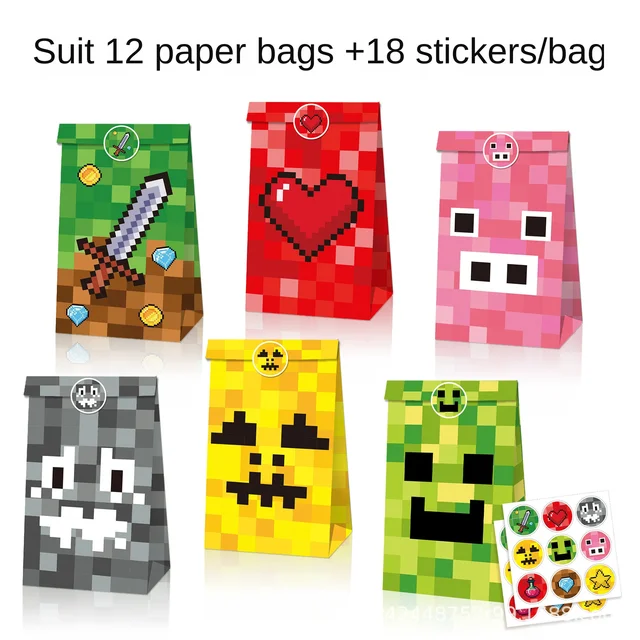 Sac en papier kraft mosaïque pixel jeu, sac à bonbons, sacs cadeaux, sacs en papier, ensemble d'autocollants, sacs à gâteaux, 12 pièces 1