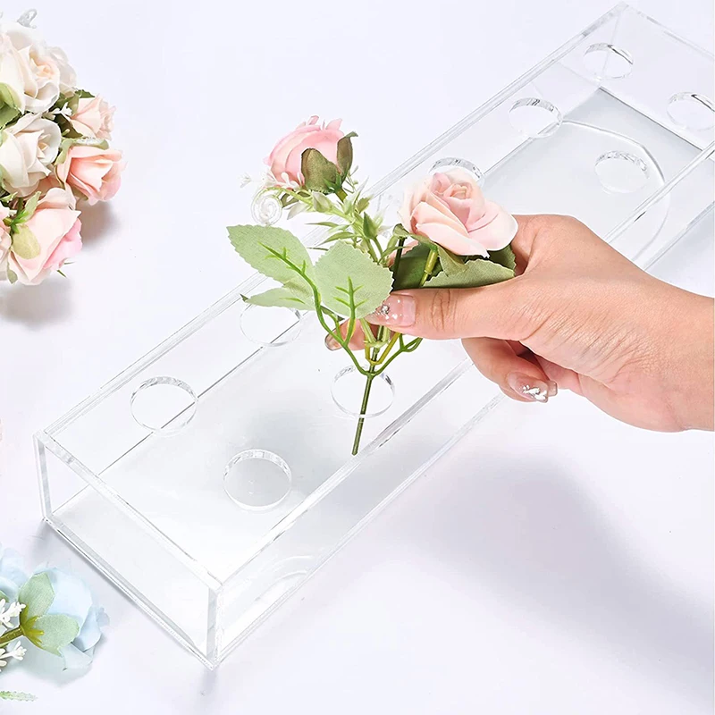 뚜껑이 달린 투명 직사각형 아크릴 꽃병, 결혼식 저녁 식사 테이블 꽃 센터피스, 낮은 꽃병, 데스크탑 홈 장식