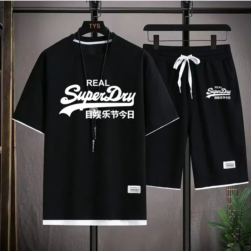 thumbnail image 1 of Conjuntos de waffle para hombre, conjunto de camiseta y pantalones cortos casuales de Corea, trajes deportivos de verano de dos piezas para hombre, chándal, traje holgado, camiseta para hombre, ropa, 1 of 4