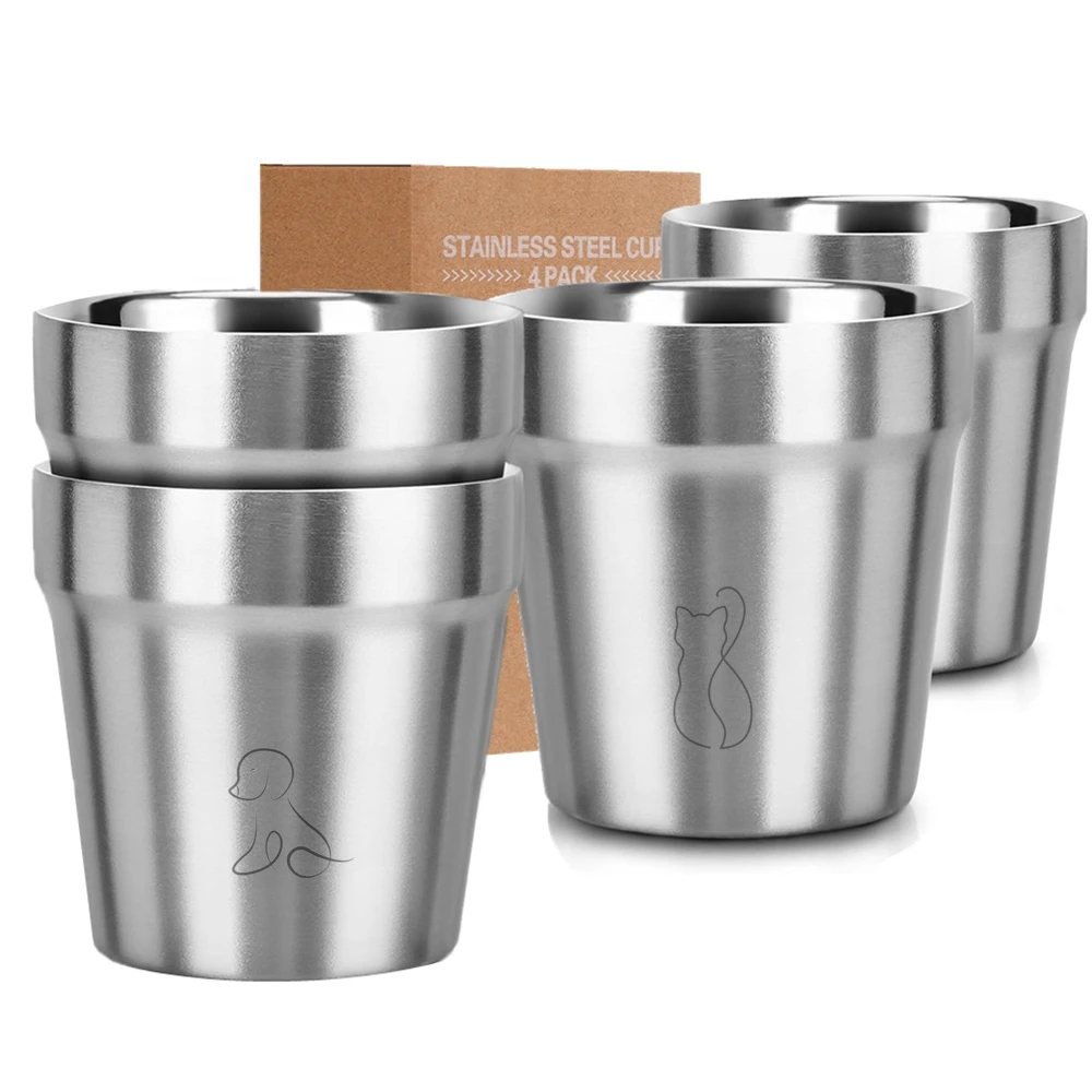 Set of 4 Reusable Double Wall Stainless Steel Cups - 175ml Durable Metal Mugs for Home and Outdoor Adventures