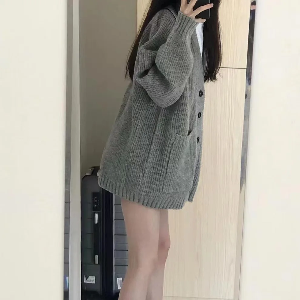 여성용 단추 포켓 루즈 가디건 코트, 한국 학생 단추 니트웨어 스웨터, PUMY-01 가을