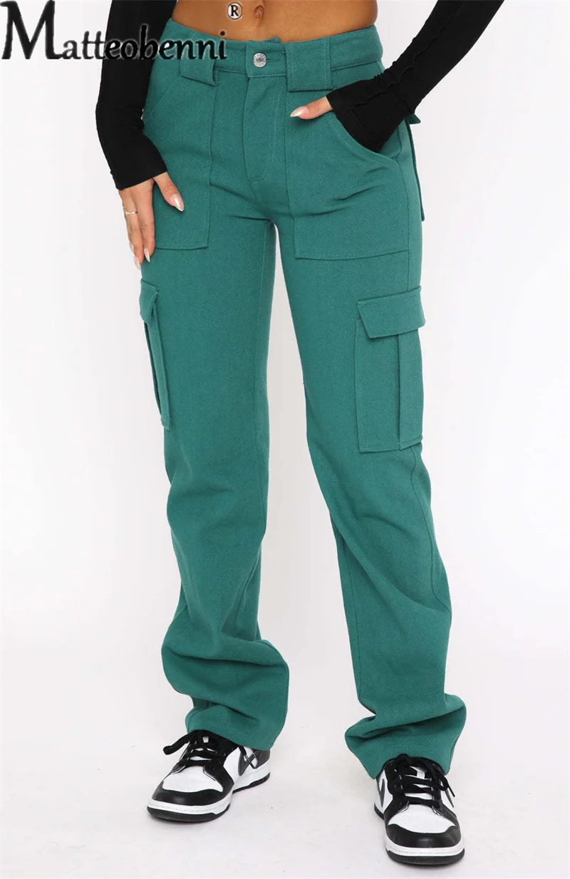 Women Casual Multi-pocket Splice Straight Jeans Fashion Casual Loose Mid Waist Denim Pants Ladies Trend Workwear Style Trousers