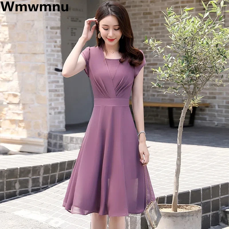 Chiffon Square Collar Oversize 4xl Female Dress Slim Korean