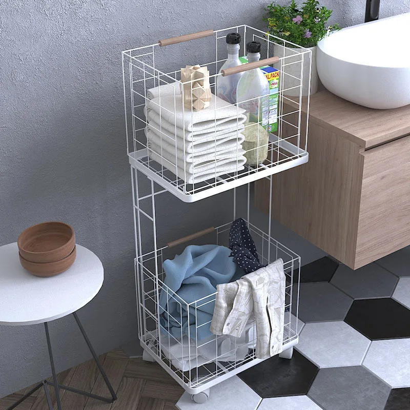 

2 Layers Mobile Shelves Bathroom Skincare Dirty Clothes Storage Basket Living Room Bedroom Kitchen Clutter Storage Rack