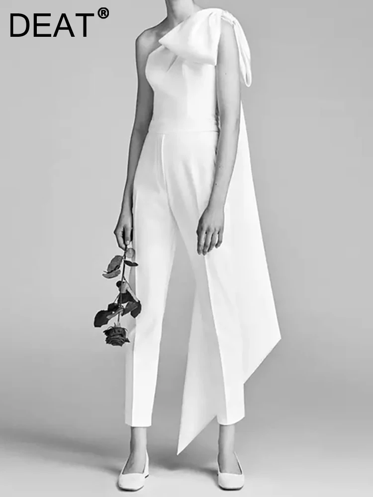 

DEAT Women Fashion Evening Jumpsuits Diagonal Collar Spliced Bow High Waistfor Formal Female Playsuits Summer 2023 New 13DB2889