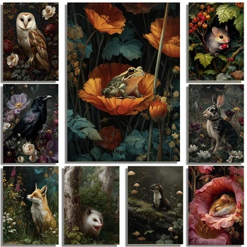 Poster Artistico con Fiori e Fauna della Foresta Oscura, Dipinto su Tela, Stampa a Olio, Decorazione Murale per Hotel, Casa Vacanze, Cabina, Casa