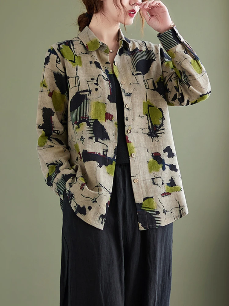 

Long Sleeve Shirts Woman Blouse 2023 Cotton and Linen Printed Polo Collar Long Sleeve Retro Buttons Shirts and Blouses for Women