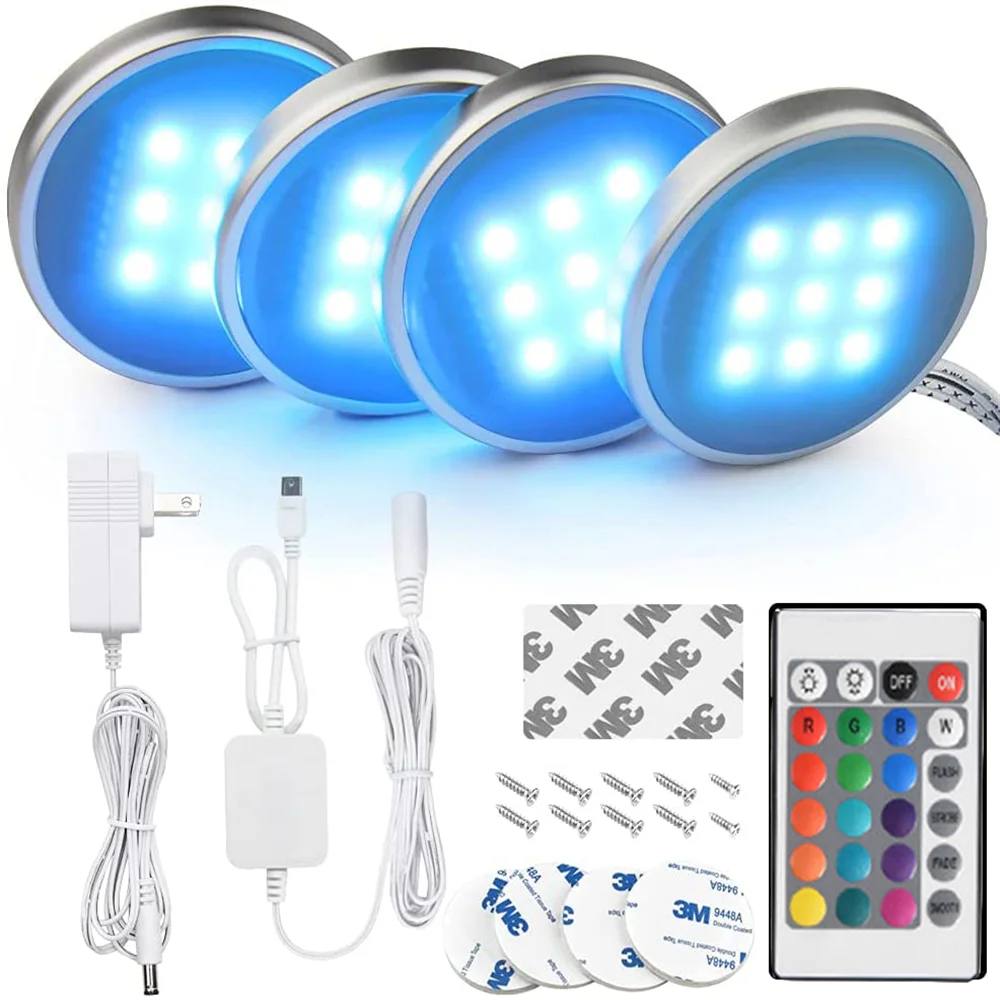 Rgb Under Lighting Remote Control Led Puck Light Wired Multi Colorful Dimmable Adaptor