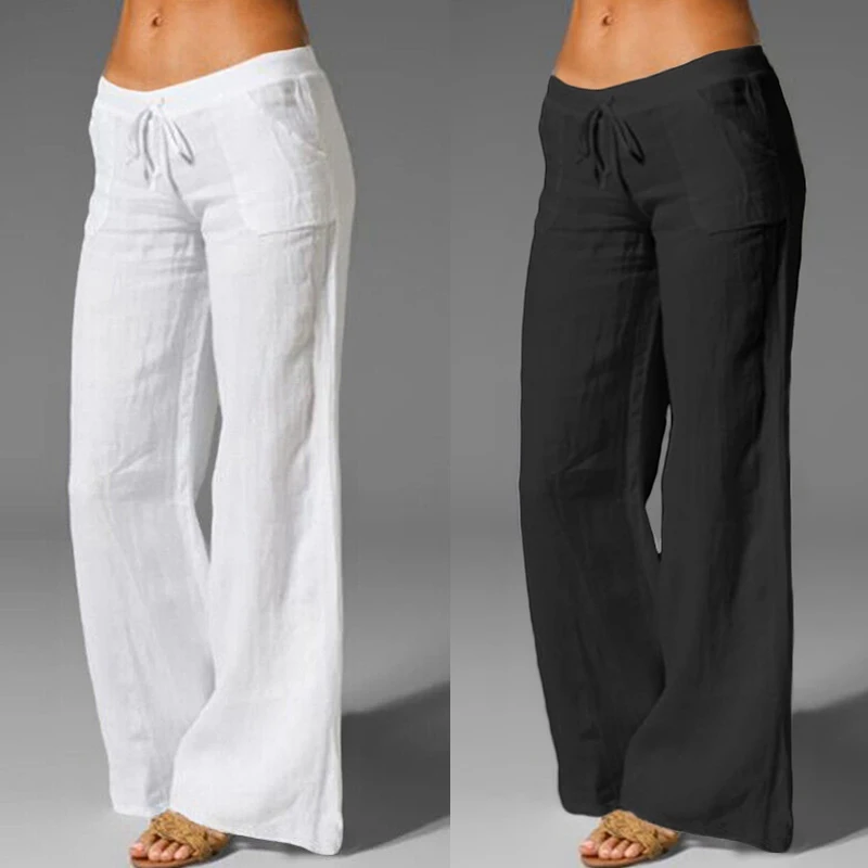 

Women Casual Pants Elastic Waist Cotton Wide Leg Trousers Flared Yoga Culottes Plus Size