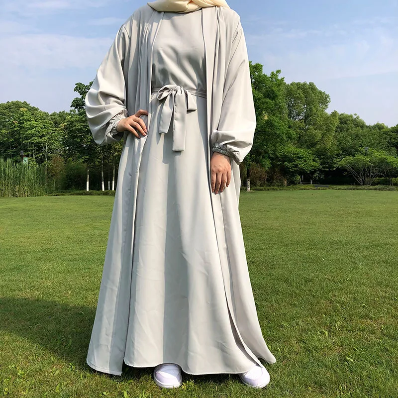 

2 Piece Nida Abaya Set EID High Quality Kimono with Elastic Sleeves Pockets Belt Slip Dress Islamic Clothing Muslim Women Dress