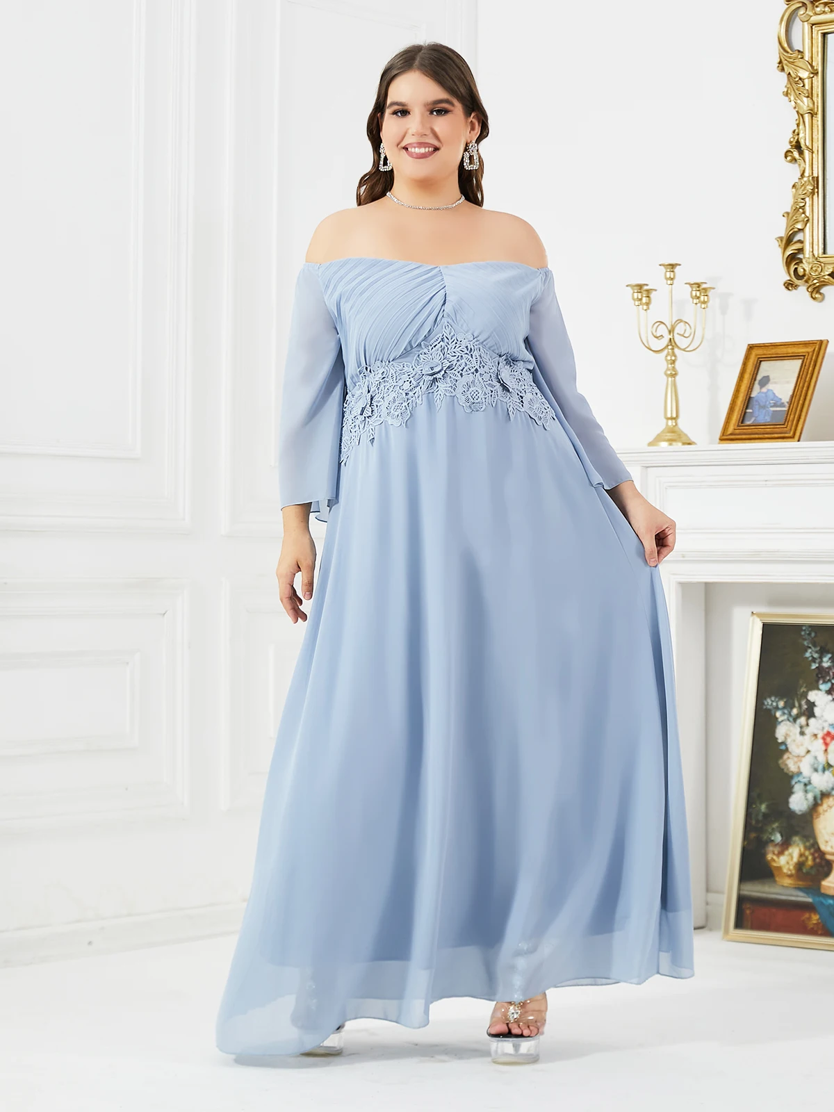 

Plus Size Women Party Dresses Elegant One-shoulder Applique Long Dresses 2023 Wedding Guest Evening Dress Large Size Solid Color