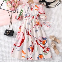 Teens Dress For Girls V-Neck Puff Sleeve Printed Single Breasted Elastic Waist A-Line Dress 8-12 Years Summer Frenchy Elegant