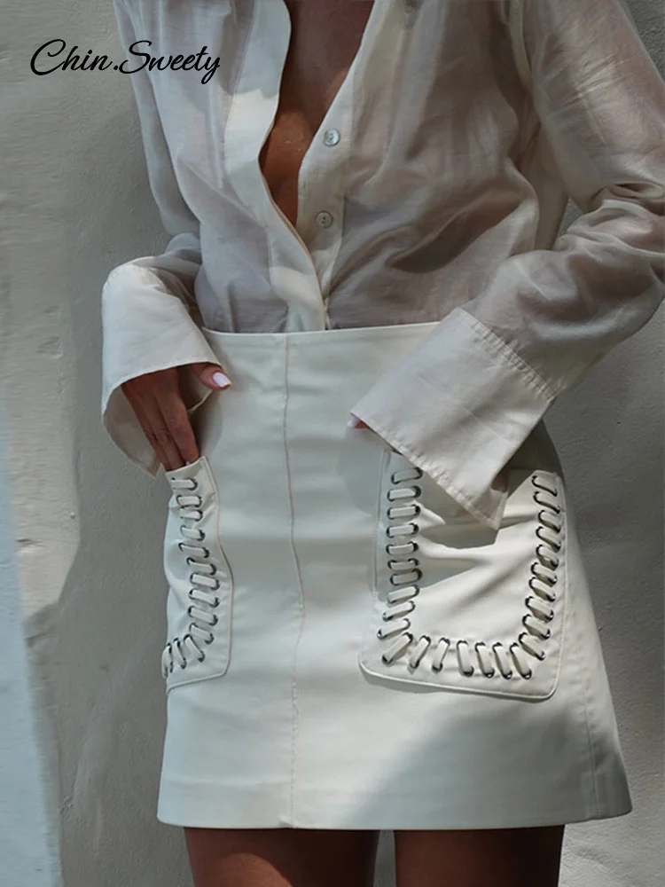 Fashion Leather Mini Skirts For Women Bandage Pockets Hip Pockage A-line PU Skirt 2025 Spring Summer Lady Party Club Gowns ﻿