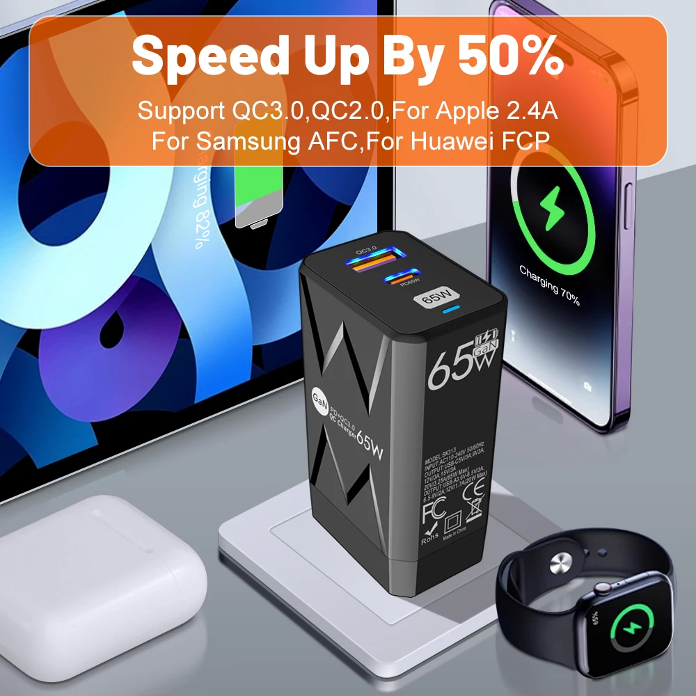 65W GaN 충전기 PD QC3.0 고속 충전 어댑터 노트북 아이폰 삼성 화웨이 EU/US/KR 플러그용 듀얼 포트 USB C 벽면 충전기