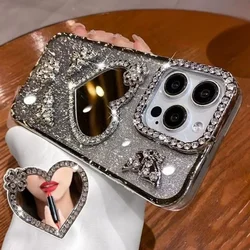 Heart Makeup Mirror Case with Plating Butterfly Design and Glitter Diamond Accents - iPhone 14 Plus (Sliver)