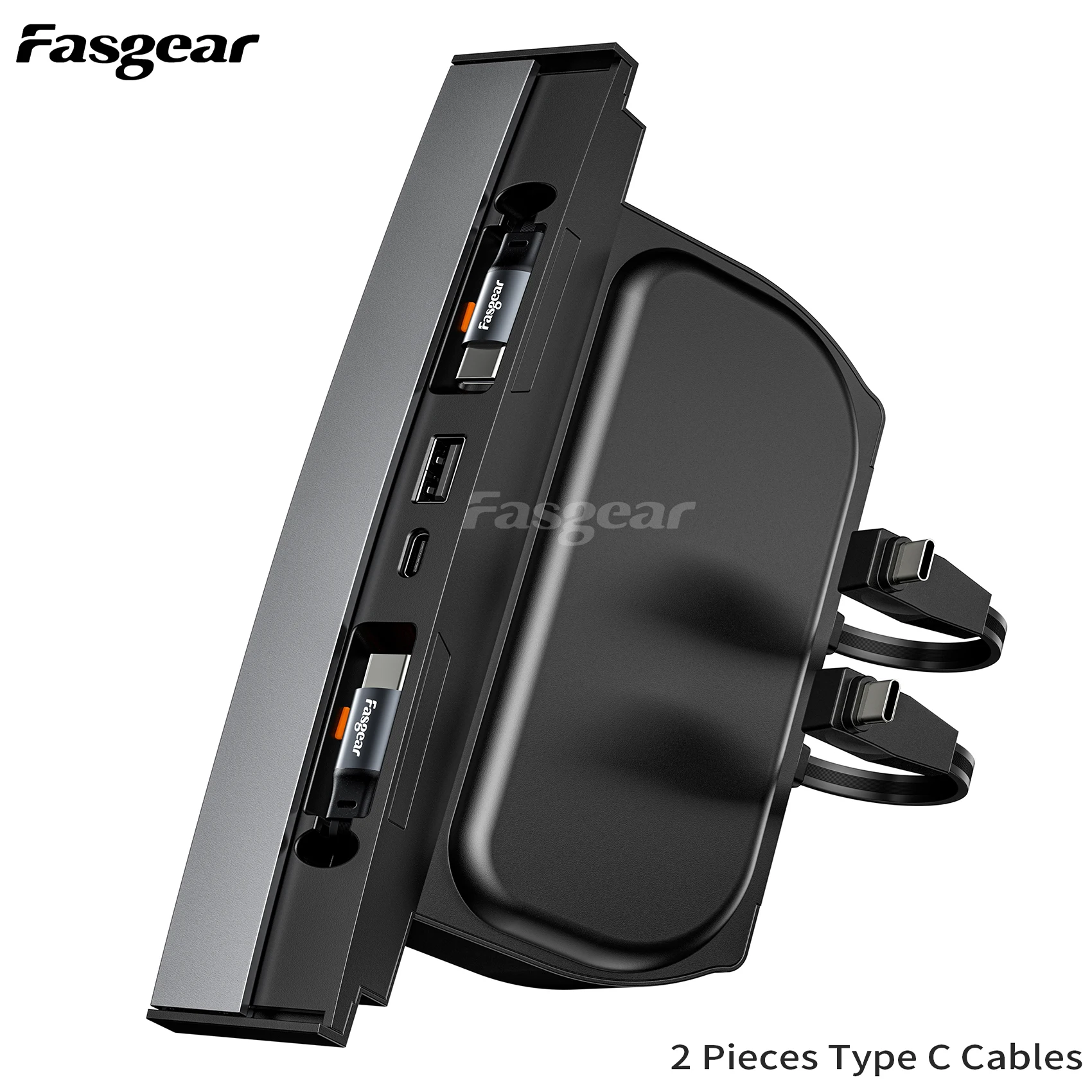Fasgear 4-Port USB Hub Docking Station for Tesla Model 3/Y-Y with 2 Retractable Type C Cables for Center Console