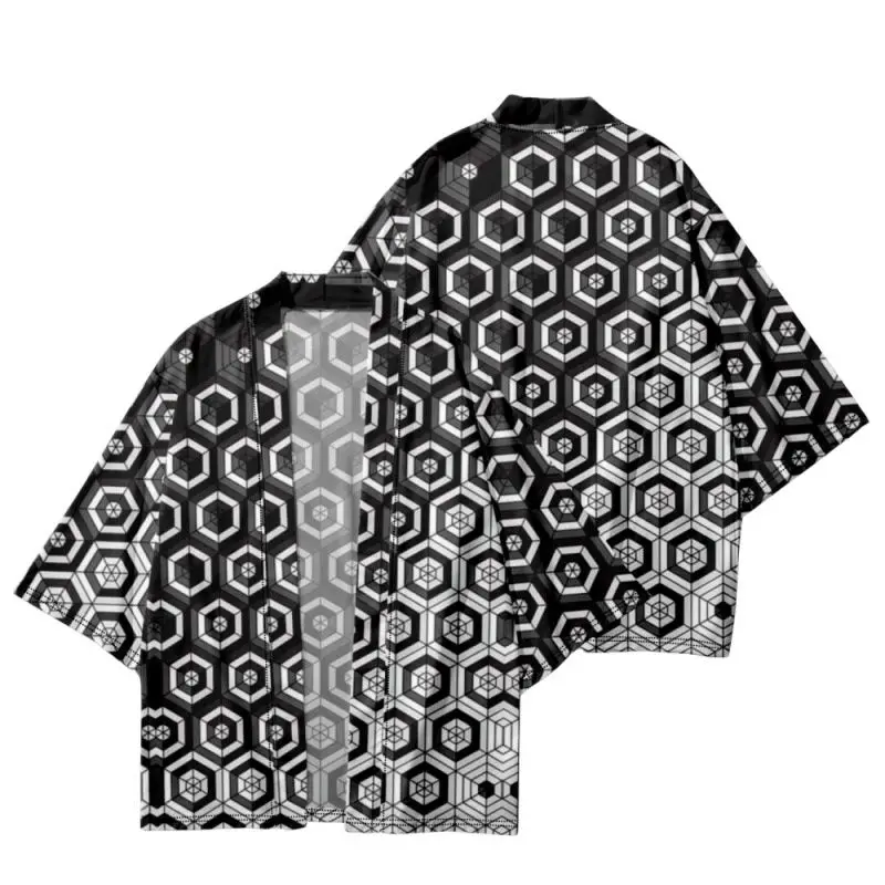 

Hexagon Printed Gradient Loose Japanese Kimono Beach Shorts Men Women Streetwear Yukata Shirt Haori Cardigan Cosplay