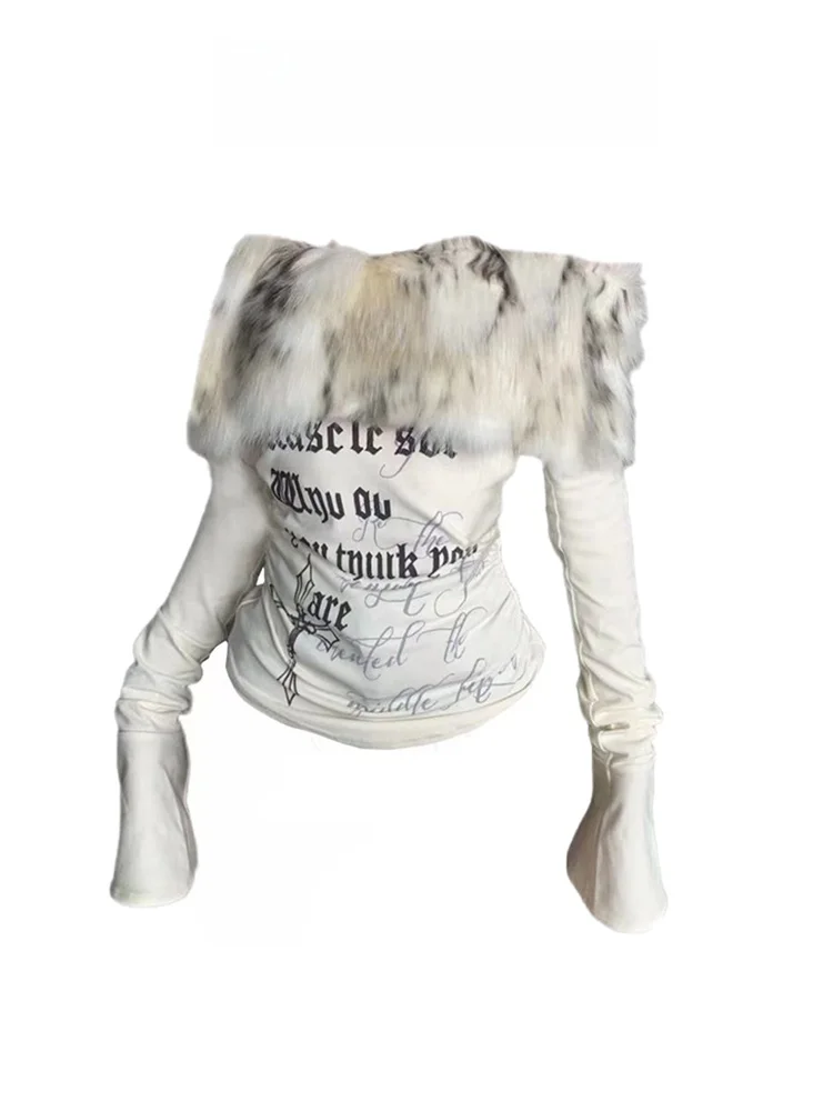 Y2K Spicy Girl Long Sve T-irt Women's Slim Fit oulder Bared Faux Fur Collar Top for Autumn Winter Commute Sle