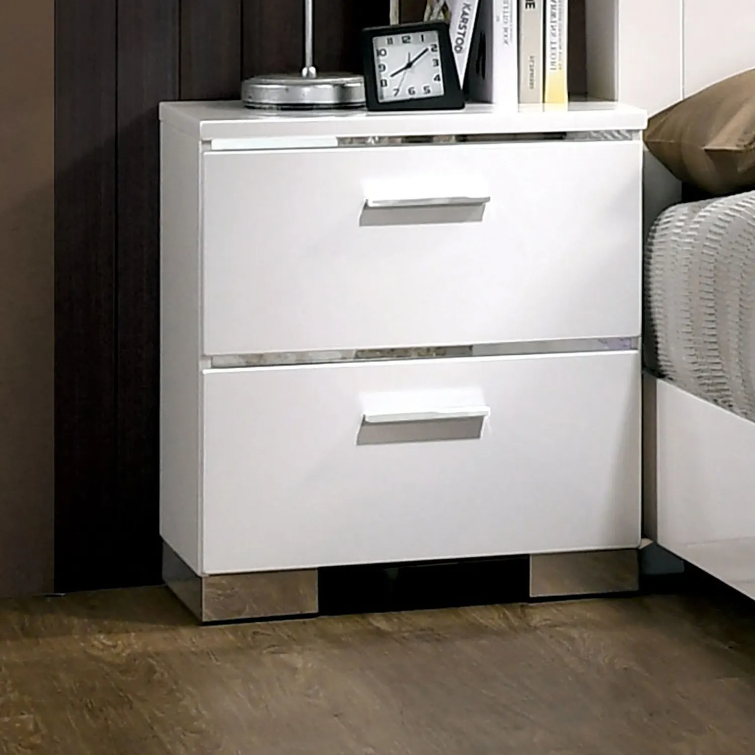 

Contemporary White 1pc Nightstand with High Gloss Lacquer Coating, Chrome Handles and Feet, USB Charger - Stylish Bedroom Furnit