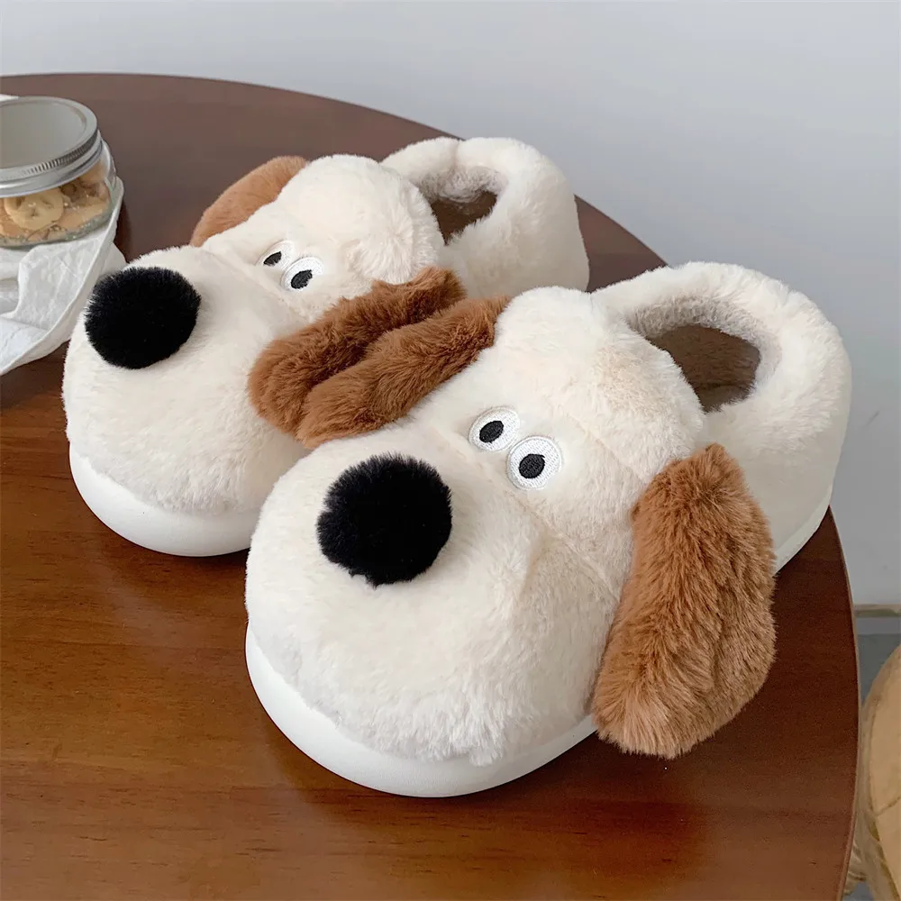 

NEW cute cartoon dog home slippers women's indoor fur slides fluffy animal loafer shoes floppy ears puppy pattern woman slipper