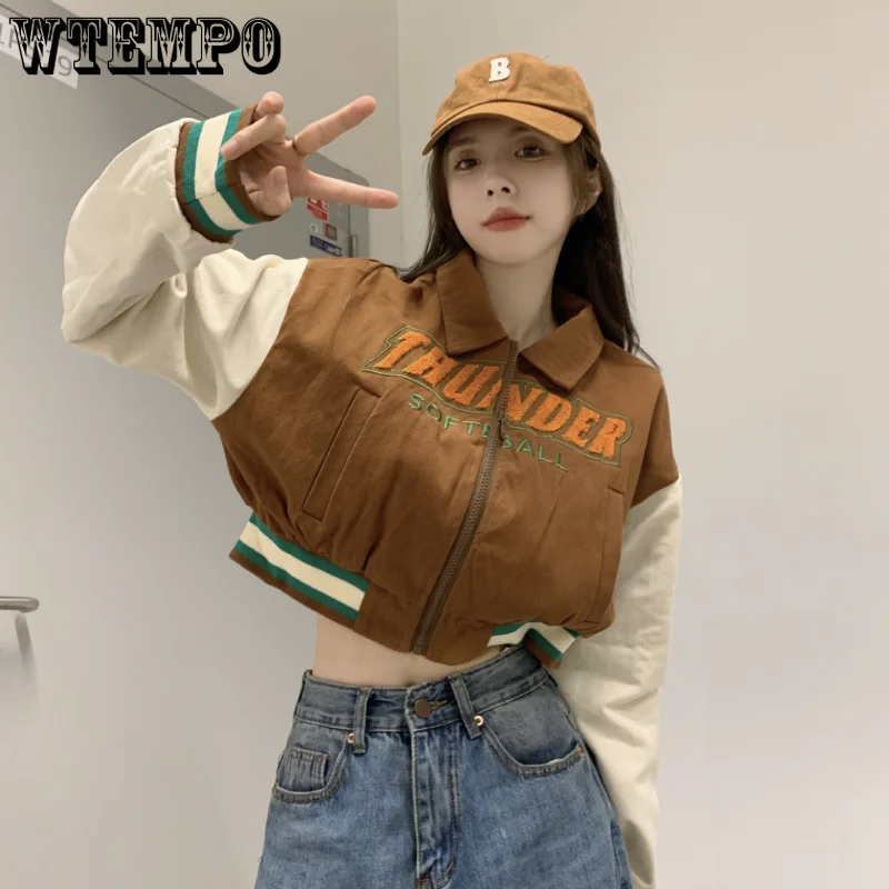 

Cropped American Color-blocking Letter Baseball Jacket Short Coat Brown Korean Version Loose Long-sleeved Tops Trend Bomber