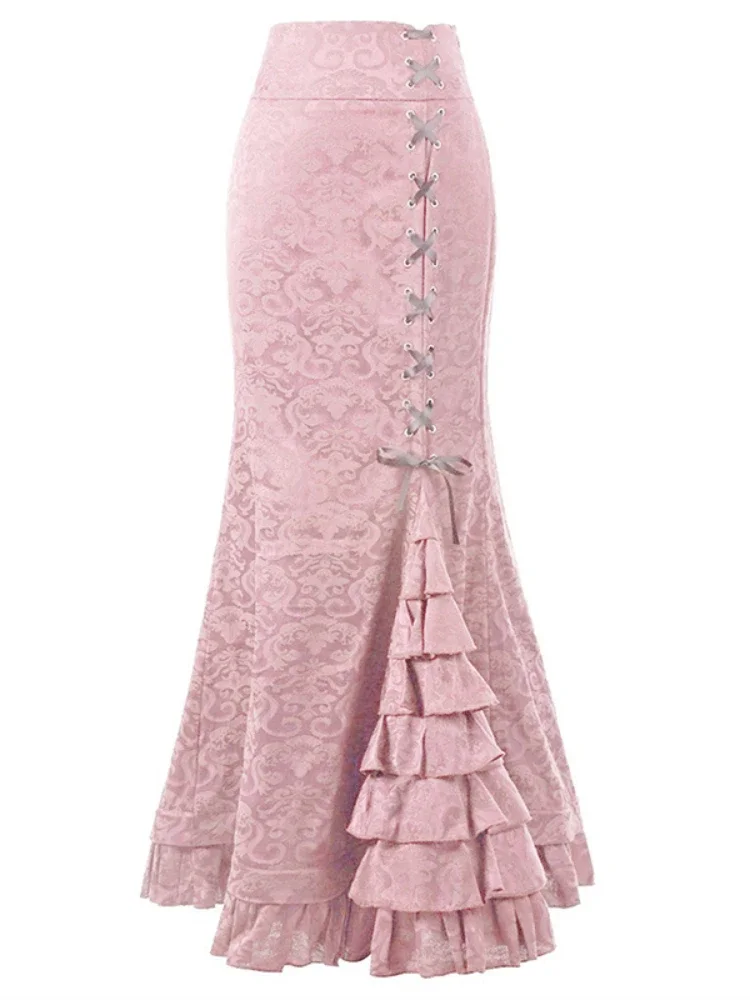Vintage Women Punk Style Jacquard Mermaid Skirt Fashion Halloween Gothic Victorian Steampunk Long Bodycon Ruffle Fishtail Tiered