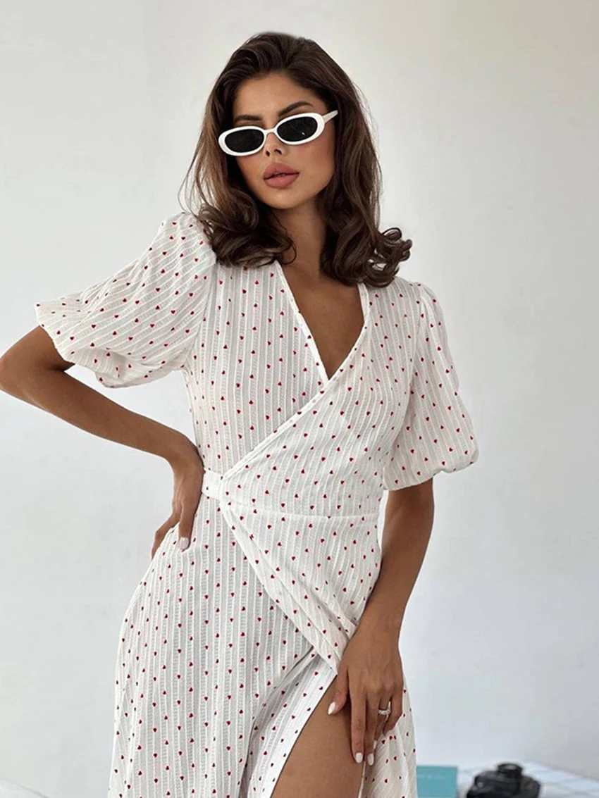 Mathaqiqi Printing Casual Ladies Sleepwear Sexy V-Neck Pajamas Half Sleeve Pyjamas Lace Up Nightwear Mid-Calf Dress Home Clothes